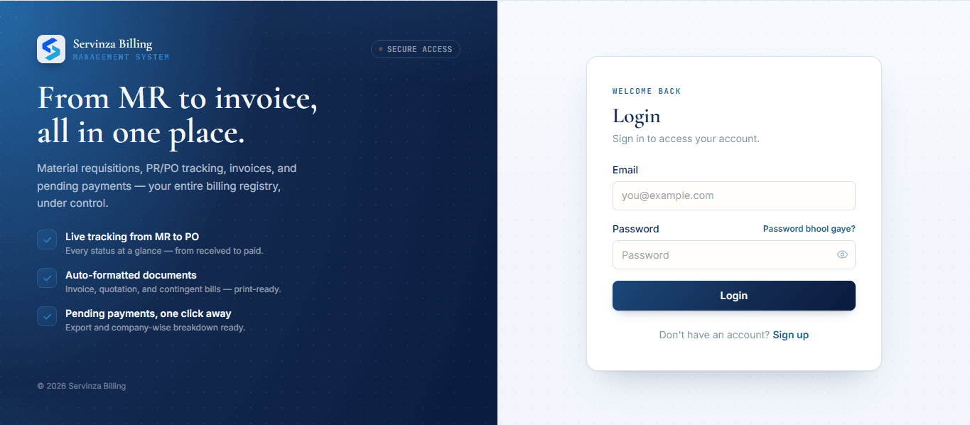 Servinza Billing Management System live preview